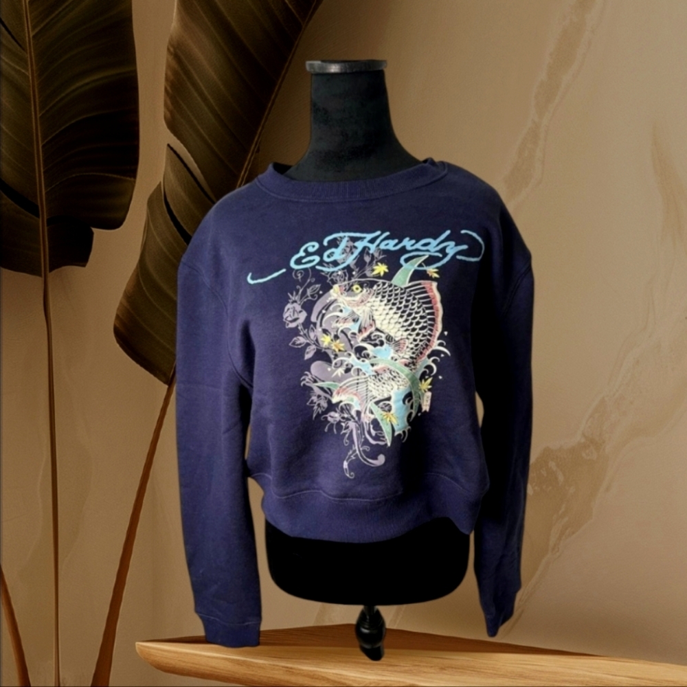 Ed Hardy Retro Tattoo Inspired Pullover Cropped Sweatshirt